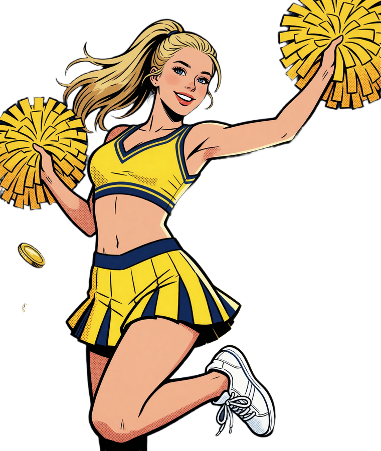 Comic-Cheerleaderin in gelb-blauer NFL-Optik mit Pompons neben leuchtendem Jackpot-Football im BetScore Casino