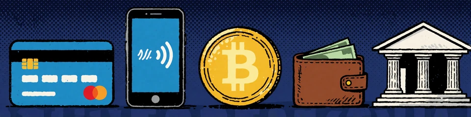 Comic-Icons f&uuml;r Karte, Mobile Wallet, Bitcoin, Bank und Geldb&ouml;rse als Zahlungsmethoden bei BetScore Casino