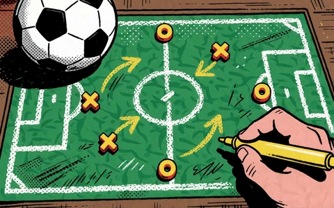 Comic-Taktikbrett mit Fu&szlig;ball und gelben Pfeilen als Motiv f&uuml;r das Football Manager Minigame bei BetScore