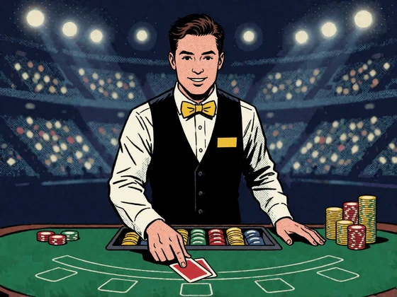 Comic-Live-Dealer am Blackjack-Tisch vor Stadionkulisse als Motiv f&uuml;r das Live-Casino von BetScore