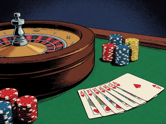 Comic-Tischspiel mit Roulettekessel, Kartenblatt und Chips als Symbol f&uuml;r die Tischspiele bei BetScore